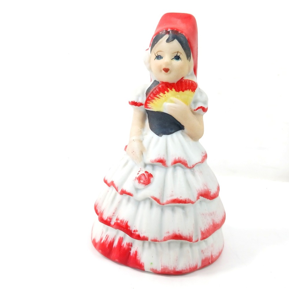 Vintage JSNY Spanish Flamenco Dancer Ceramic Bell Figurine Red White 4 Inch